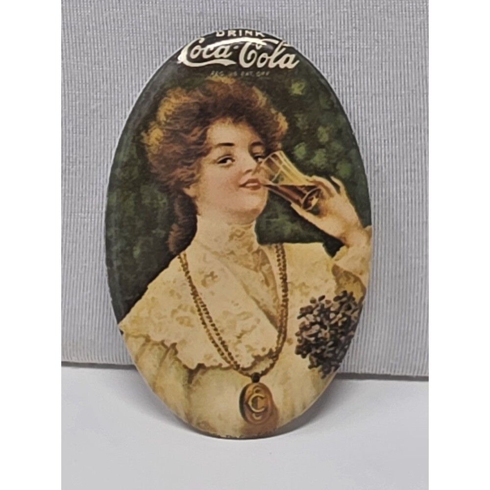 Vintage Coca Cola Oval Pocket Mirror Advertising Lady Drinking Coca-Cola 1973